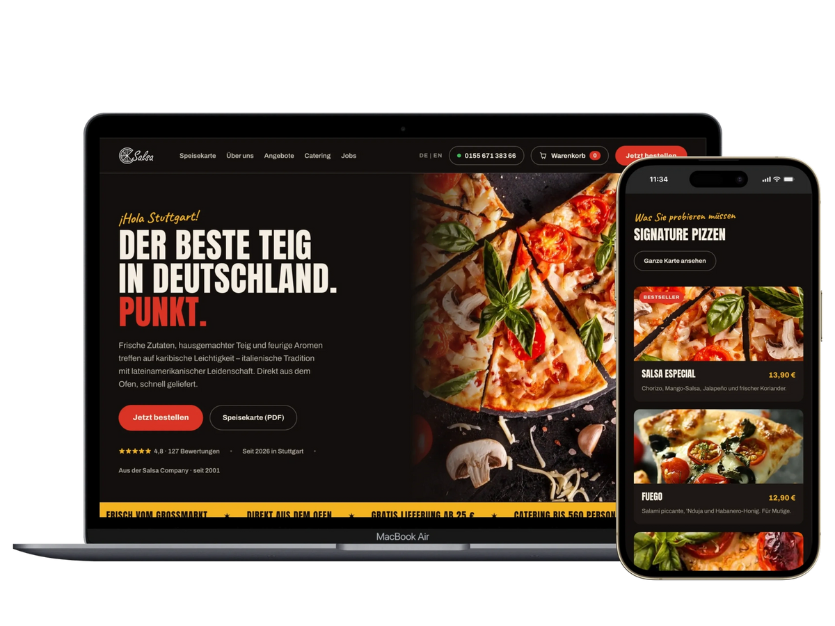 Neu gestaltetes Konzept derselben Pizzeria auf Laptop und Handy